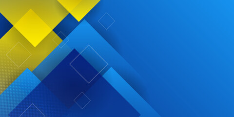 Modern geometric abstract background. Bright yellow banner with blue stripes stripes, textured background. Business template. Geometric yellow background with square pattern