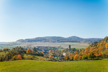 Fototapeta na wymiar Scenic view of ancient ruins of gothic and renaissance medieval royal castle, autumn landscape, sunny day, fortresses on hill, stronghold Zebrak, Central Bohemia, Czech Republic