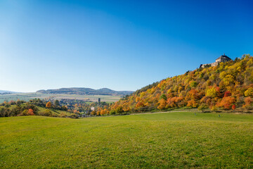 Obraz premium Scenic view of ancient ruins of gothic and renaissance medieval royal castle, autumn landscape, sunny day, fortresses on hill, Zebrak, Tocnik, Central Bohemia, Czech Republic