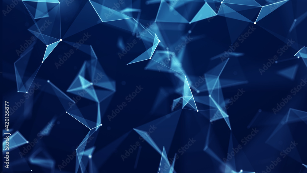 Poster Abstract digital background of points, lines and triangles. Glowing plexus. Big data. Network or connection. Abstract technology science background. 3d rendering