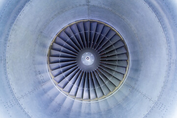 View into an airplane engine with fan blades