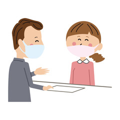 ポップな女性　受付でのやり取り　マスク