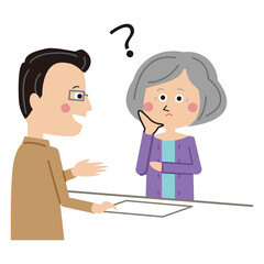 ポップな受付　眼鏡の男性係員　シニアの女性　困る