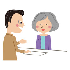 ポップな受付　眼鏡の男性係員　シニアの女性　笑顔