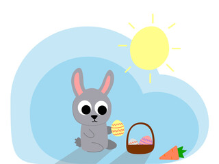 Easter vector with cute bunny, rabbit with basket, hand drawn illustration. Postcard or invitation for holiday.
