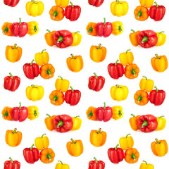 Seamless pattern of colorful sweet peppers isolated on white background. Yellow and red bell peppers. Flat lay. Top view. Wallpaper