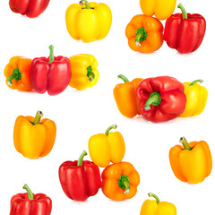 Seamless pattern of colorful sweet peppers isolated on white background. Yellow and red bell peppers. Flat lay. Top view. Wallpaper