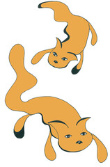 Cartoon simplified stylized images of sneaking peach cats. Cute funny animals. Graphics with elements of computer design. Isolated objects for creating a pattern, tattoo or print.