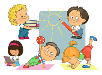 Bright vector cartoon. Children play, do gymnastics, study. Isolated objects.