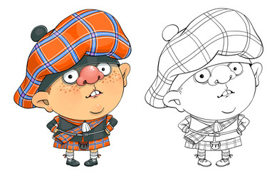 Vector cartoon for coloring. A funny illustration of a cute Scottish guy in a national costume.