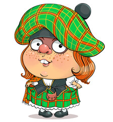 Funny cartoon vector. Illustration of a lovely British girl in Scottish national dress.