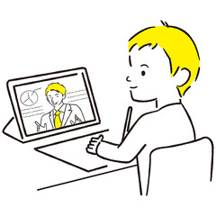 手描き1color  子供　男の子　タブレットで学習　