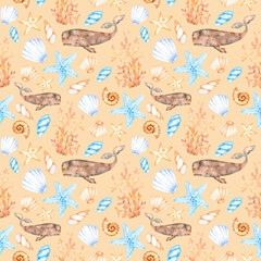 Seamless marine-themed pattern of watercolor seashells,corals, whales and starfish,sperm whales with beige and blue tones on beige for printing on fabric, wrapping paper, textiles, apparel and design