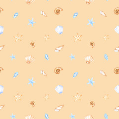 Watercolor marine pattern from multi-colored assorted seashells and corals for design and decoration on beige. Great for cards, posters, coupons, baby products, decorative paper, and any design.