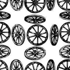 Seamless background of drawn old wooden wheels