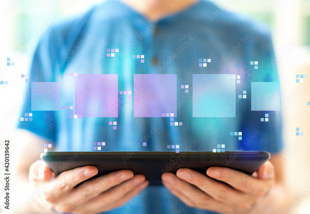 Poster digital square boxes with man using a tablet