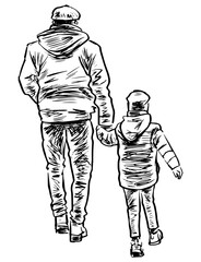 Fototapeta na wymiar Sketch of father with his child walking for a stroll