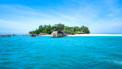 Whole tropical island in Indian Ocean. Zanzibar. Beautiful blue. Selective focus.