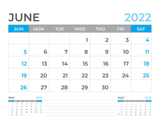 June 2022 page, Calendar 2022 template, Desk calendar, planner design, Wall calendar, week starts on sunday, stationery design, Desk office, organizer office, vector 