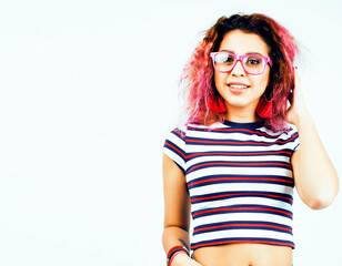 young happy smiling latin american teenage girl emotional posing isolated on white backgrond, lifestyle people concept