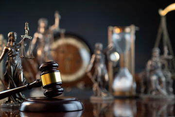 Law and justice concept. Law symbols composition: judge’s gavel, Themis  statue and scale.
