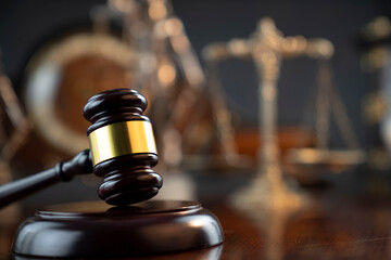 Law and justice concept. Law symbols composition: judge’s gavel, Themis  statue and scale.
