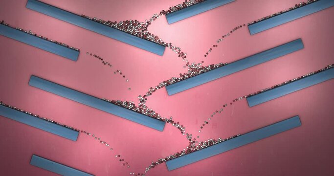 Ball-shaped colored particles cascade down. Concept space for advertising