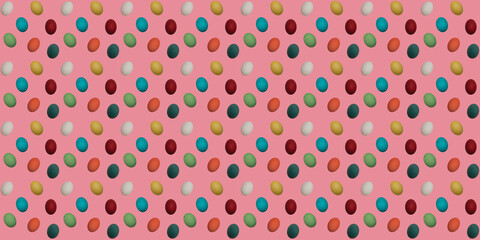 Seamless repeating pattern. Colorful chicken boiled eggs on a pink background turned in different directions. The concept of Easter wallpaper for advertising, greeting cards and editing.