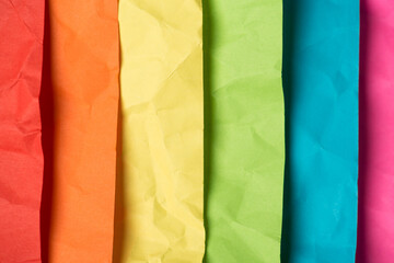 Top view photo of crumpled paper rainbow colors isolated multicolor background with copyspace