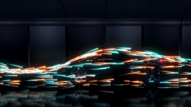 A sport black car drives inside the futuristic tunnel through neon lines.

Neon blue and red lines move towards the sporty car. Side view. 4K High-quality CG animation.