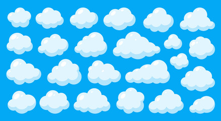 Abstract white cute clouds set isolated on blue sky background. Various round shapes cloud icon symbol collection. Flat cartoon style web banner with light and shadows. Think speech bubble concept