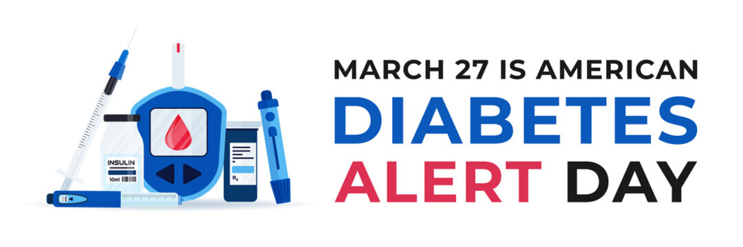 American Diabetes Alert Day banner with insulin pen, glucometer, lancets, test strips and syringe. Celebrate annual on Fourth Tuesday in March. Concept of awareness diabetes - Powered by Adobe