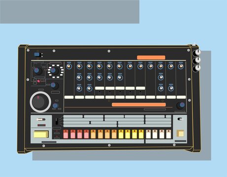 Legendary synthesizers in vector. Groove box, drum machine and synthesizer. Synthesizer analog sound. Synthesizers for applying to a t-shirt. Materials for DJ posters. For drawing the image on the bag