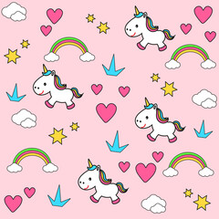 Unicorn. Fabulous background. Rainbow with clouds.