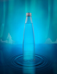 glass bottle of crystal clear water on blue background with aurora borealis and icebergs