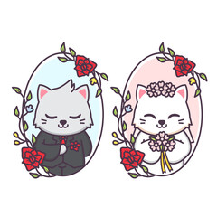 cute married couple of cat inside floral frame