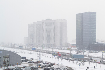 winter day in snowy Minsk from a height