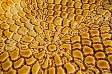 Close up texture of dark orange ceramics. Glaze for ceramics of color of orange ocher
