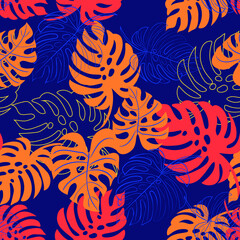 Seamless vector pattern with silhouettes of tropical monstera leaves in pink and yellow colors on blue background Good print for wrapping paper, packaging design, wallpaper, ceramic tiles, and textile