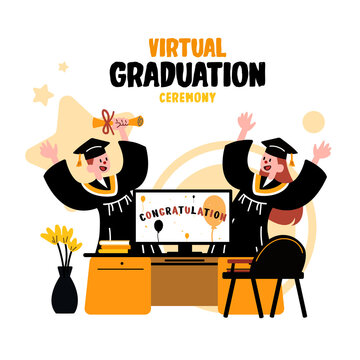 Online virtual graduation ceremony. A pair of bachelors stand behind pc screen flat vector illustration.	
