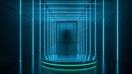 Futuristic Empty Room And Stand Illuminated By Blue - Green Colored Lights And Reflected Glossy Floor, Sci-Fi Futuristic Showcase, 3d Render