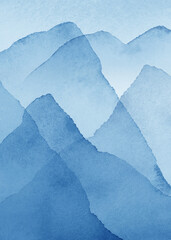 Obraz premium Abstract Arrangements. Landscapes, mountains. Posters. Blue, navy, white watercolor Illustration, background. Modern print set. Wall art. Business card. Printable. Pastel.