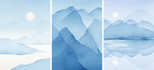 Abstract Arrangements. Landscapes, mountains. Posters. Blue, navy, white watercolor Illustration, background. Modern print set. Wall art. Business card. Printable. Pastel. © Veris Studio