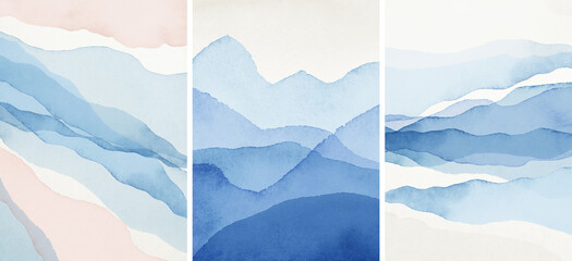 Abstract Arrangements. Landscapes, mountains. Posters. Blue, navy, blush, pink, ivory, beige, white watercolor Illustration, background. Modern print set. Wall art. Business card. Printable. Pastel. © Veris Studio
