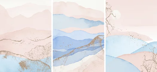 Abstrakte Arrangements. Landschaften, Berge. Plakate. Blau, marine, gold, erröten, rosa, elfenbein, beige aquarellillustration, hintergrund. Modernes Druckset. Wandkunst. Visitenkarte. Druckbar. Pastell. © Veris Studio