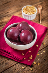 Frozen acai in the bowl. Brazilian acai.