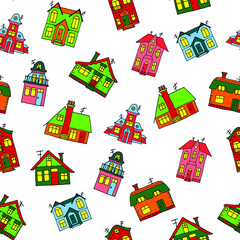 Seamless pattern of different colorful cartoon style hand drawn houses. Cute children's illustration with different stylized fantasy buildings. Childish vintage outline vector illustration