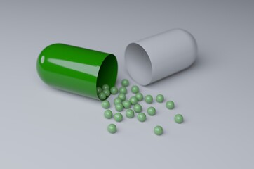 3D Rendering. Green and white tablet capsule with green balls isolated on a white background. Medicines per blister pack.