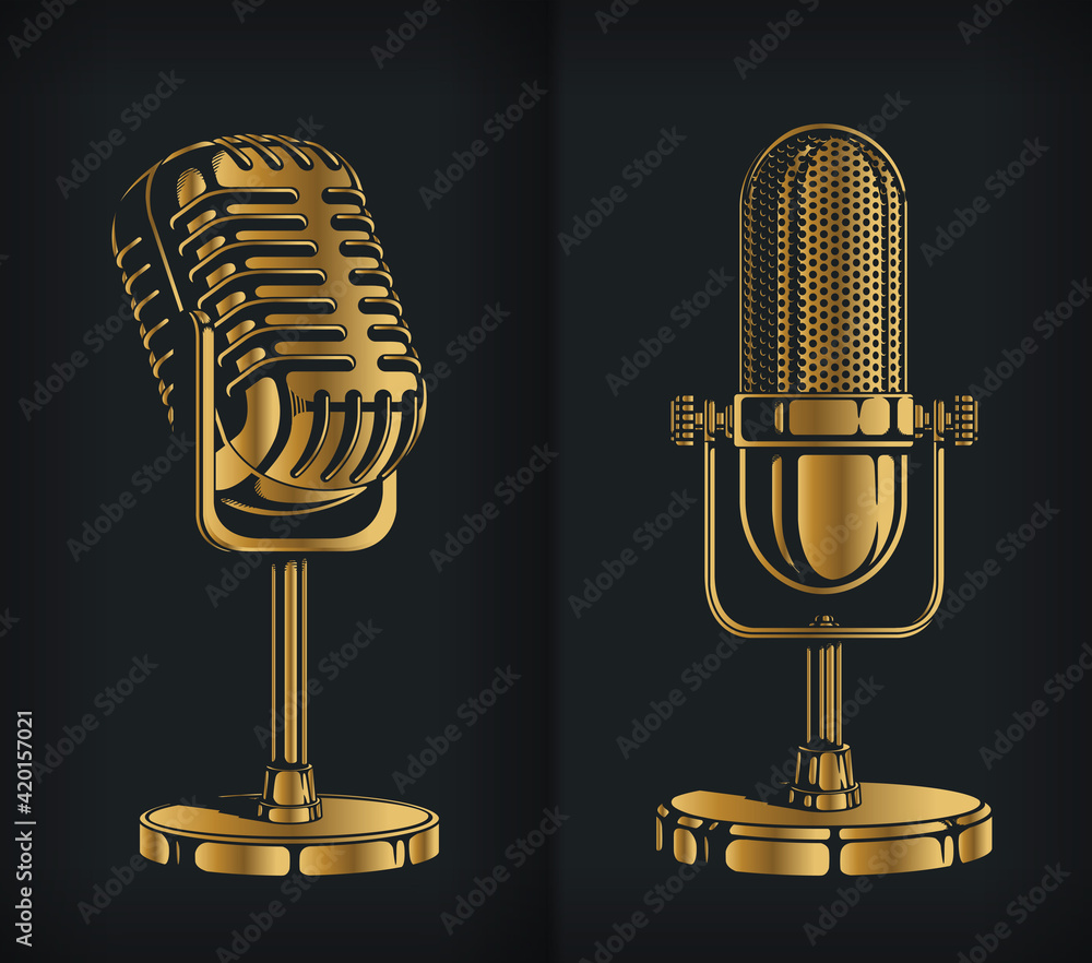 Wall mural silhouette classic gold retro microphone logo