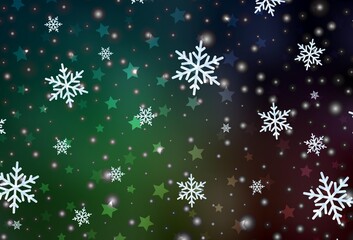 Dark Green vector background with beautiful snowflakes, stars.